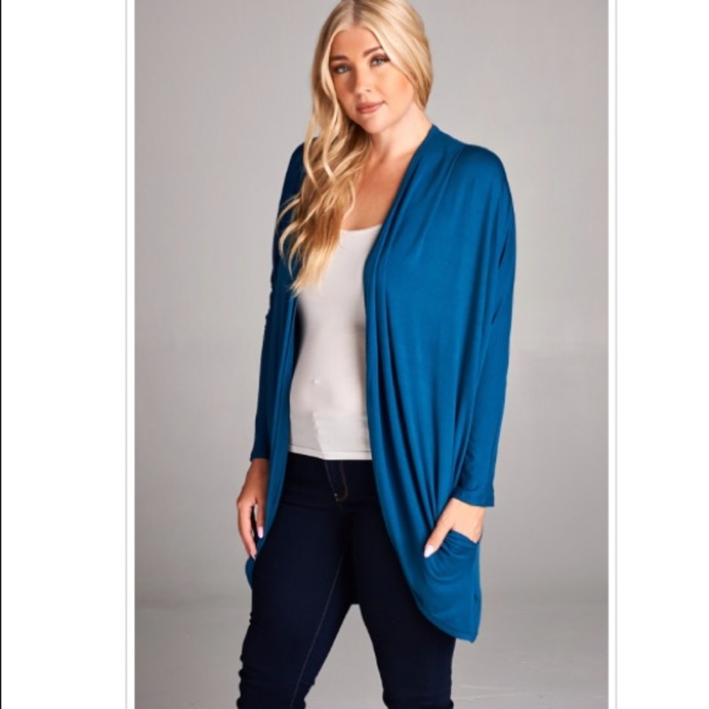 Dark Teal Sleeve Draped Cardigan Hidden Pocket